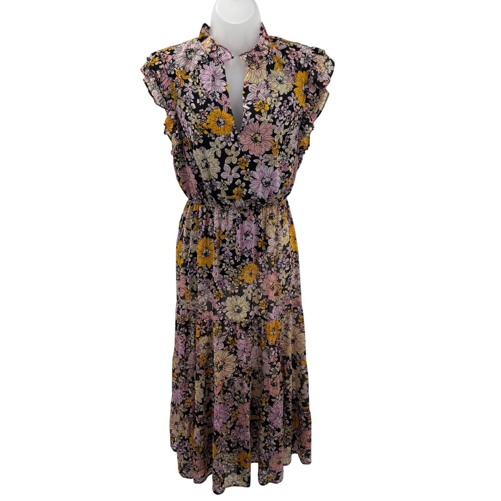 NWT BB Dakota‎ by Steve Madden Yellow Floral Chiffon Tiered Maxi Dress Womens S